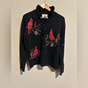 Tiara Black Cardigan with Red Bird Embroidery